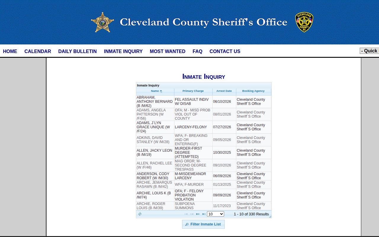 Cleveland County arrest roster current custody search