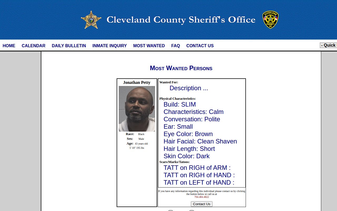 Cleveland County arrest warrant most wanted interface