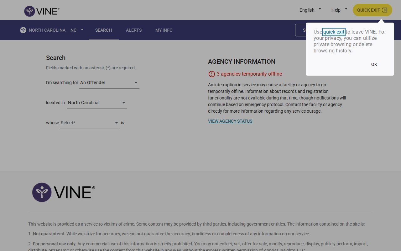 North Carolina VINELink person search and notification workflow