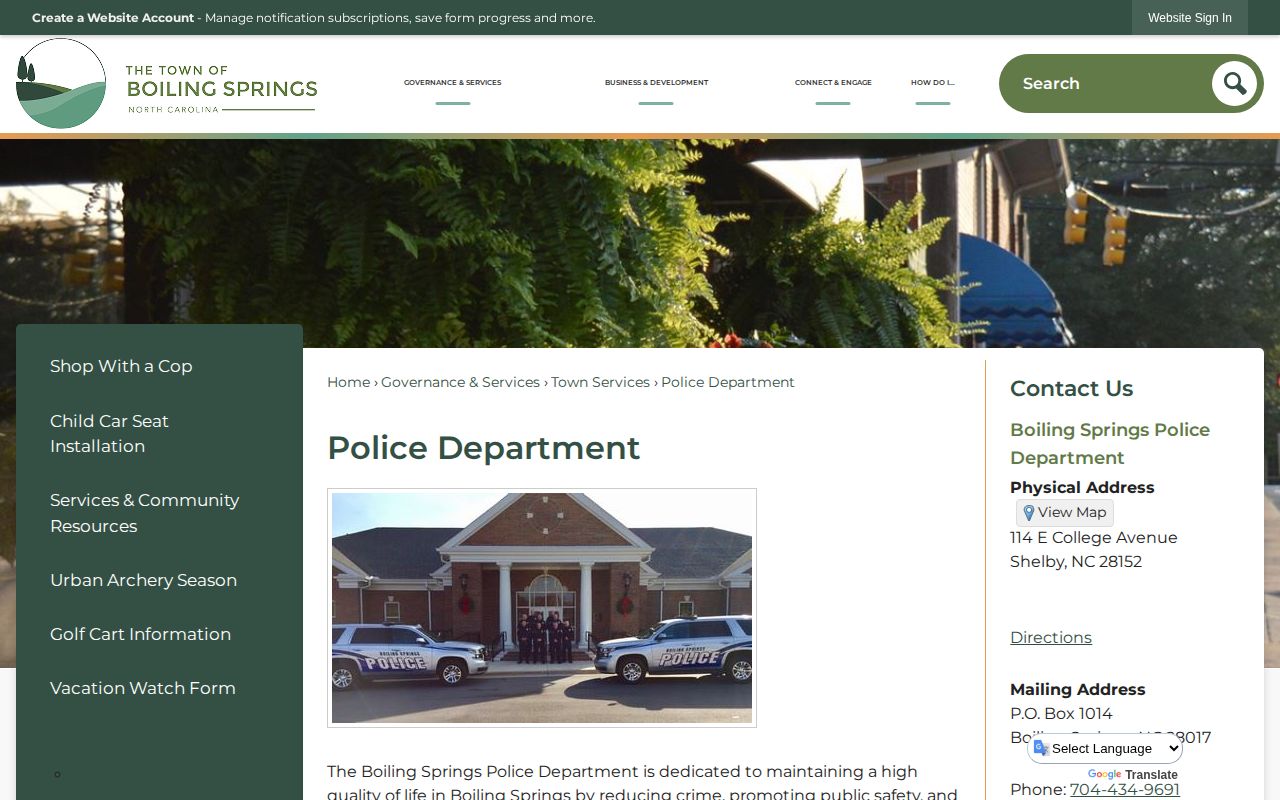 Official Boiling Springs Police Department webpage with department contact information