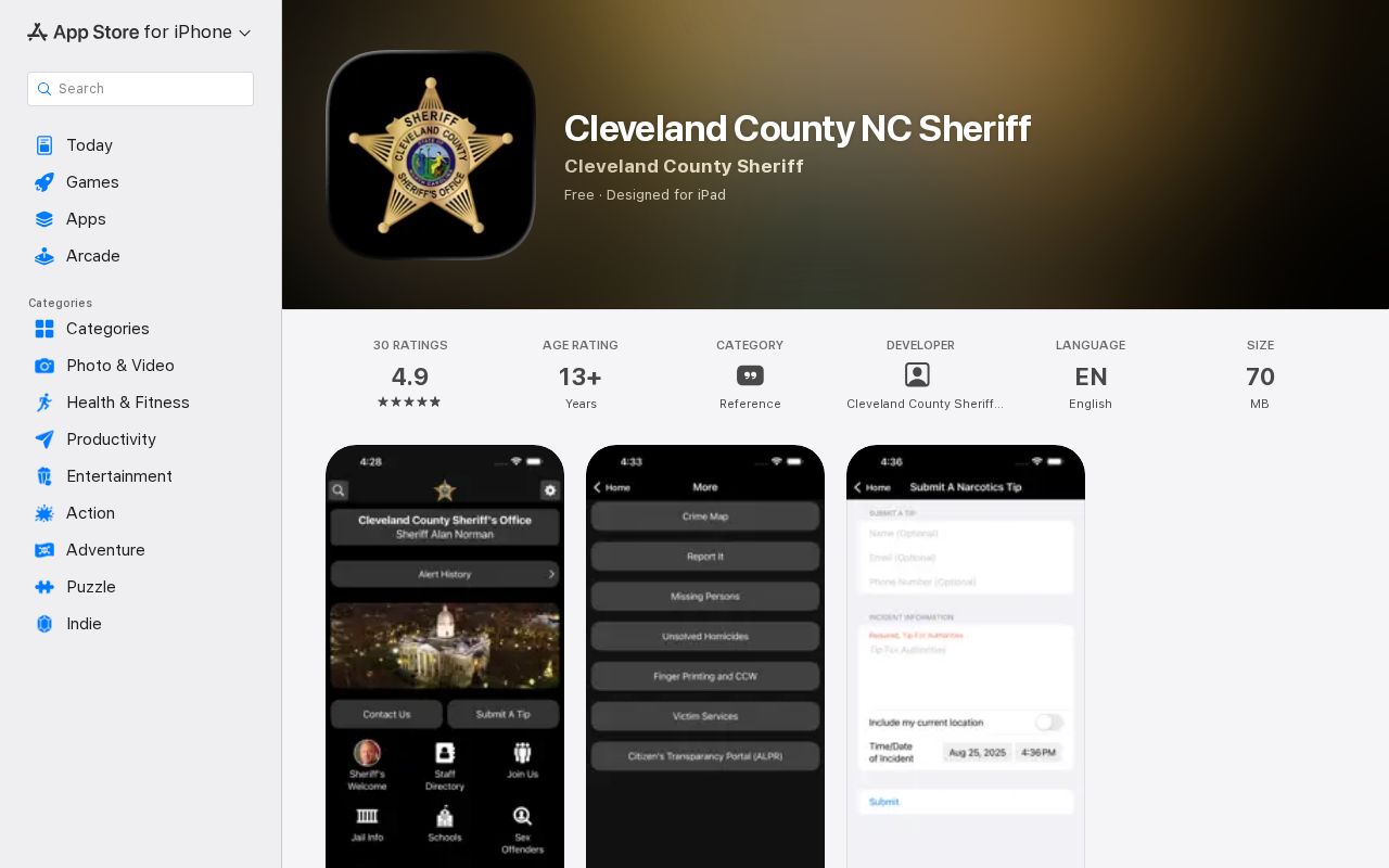 Cleveland County NC Sheriff official mobile app listing