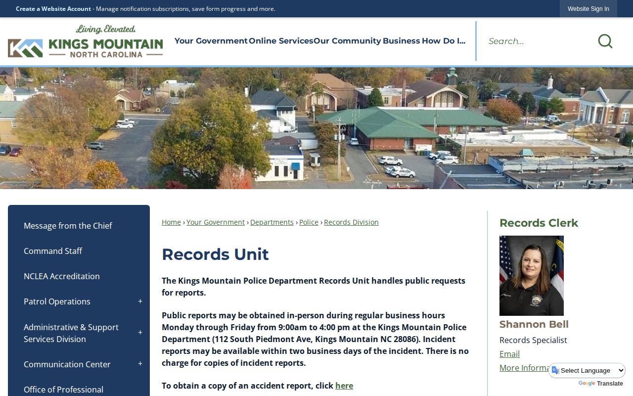 Official Kings Mountain Police Department webpage with department contact information