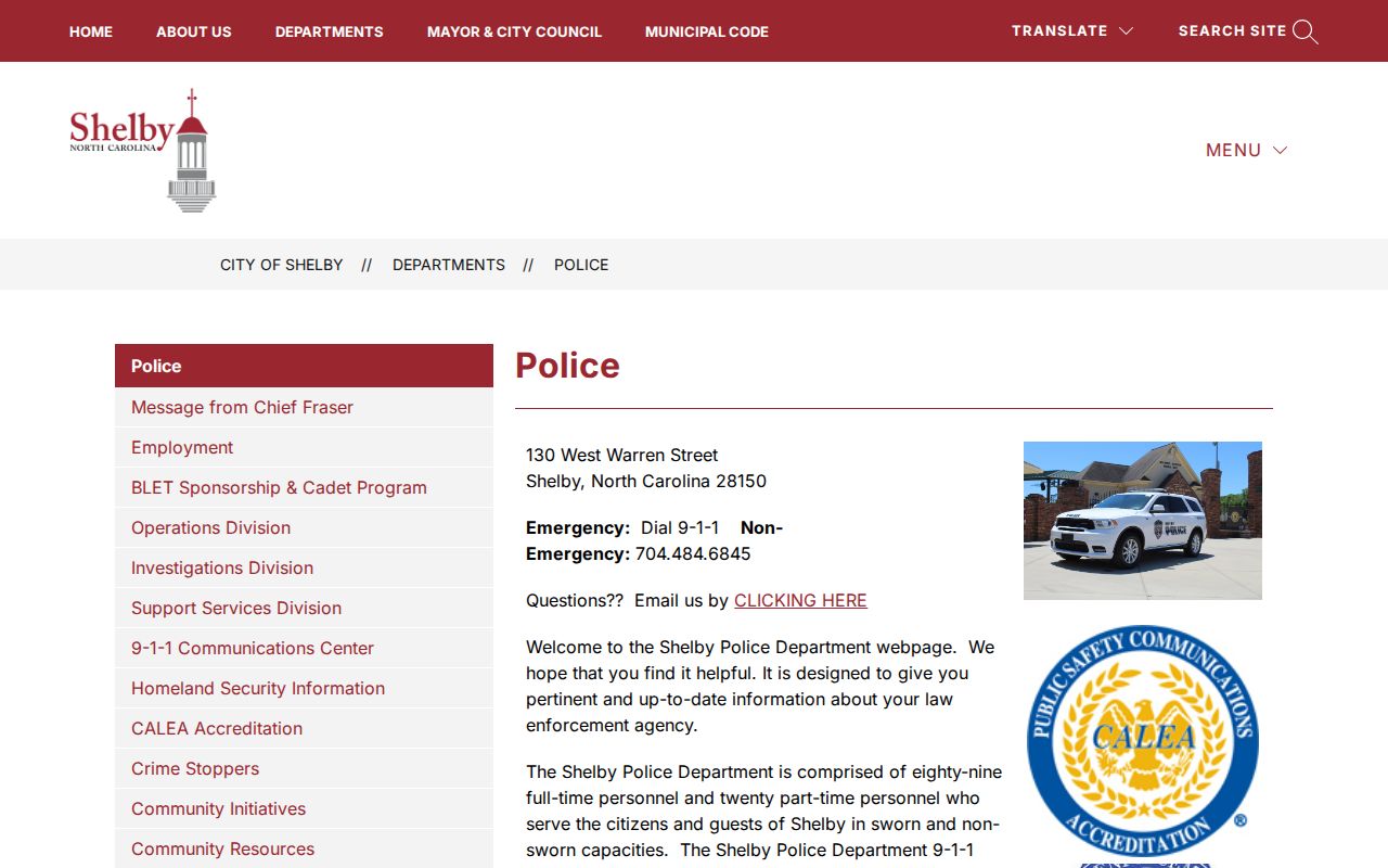 Official Shelby Police Department webpage with department contact information