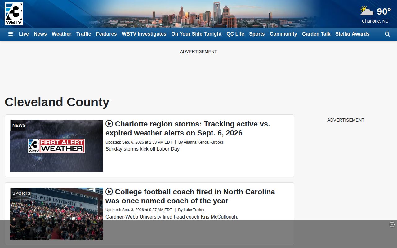 WBTV Cleveland County news section with local reporting